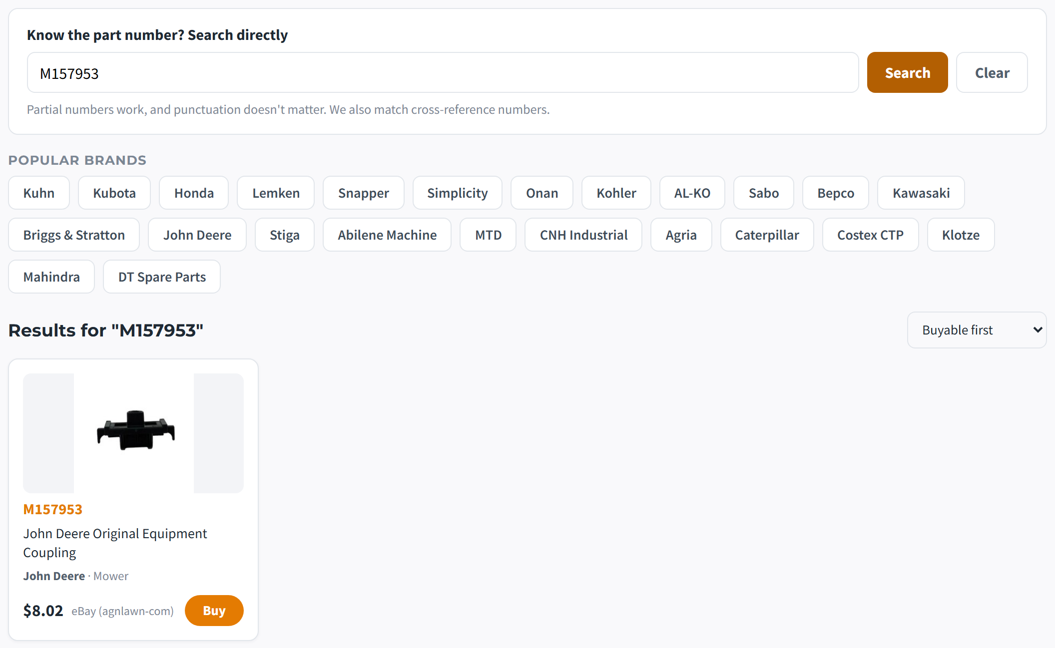 The direct part-number search box with results below it